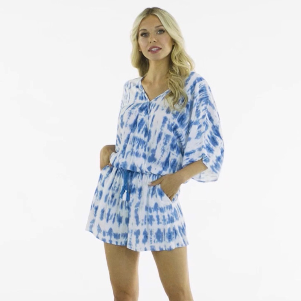 New Mud Pie Madelyn Tie Dye Blue White Kimono Sleeve Romper Size Large